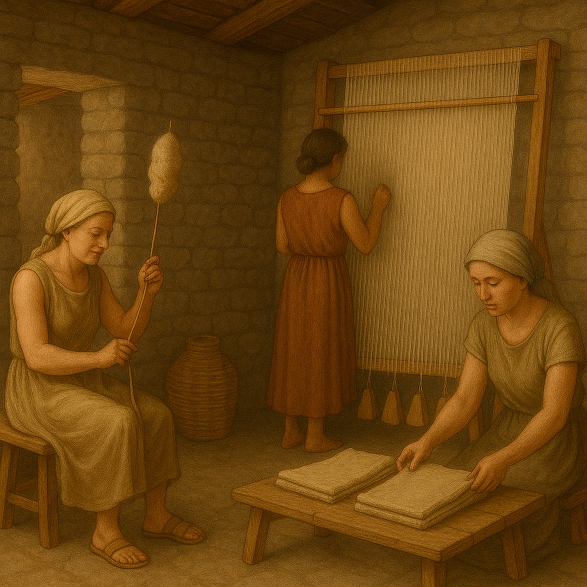 Ricostruzione ideale dell’attività di filatura e tessitura (generata con intelligenza artificiale).